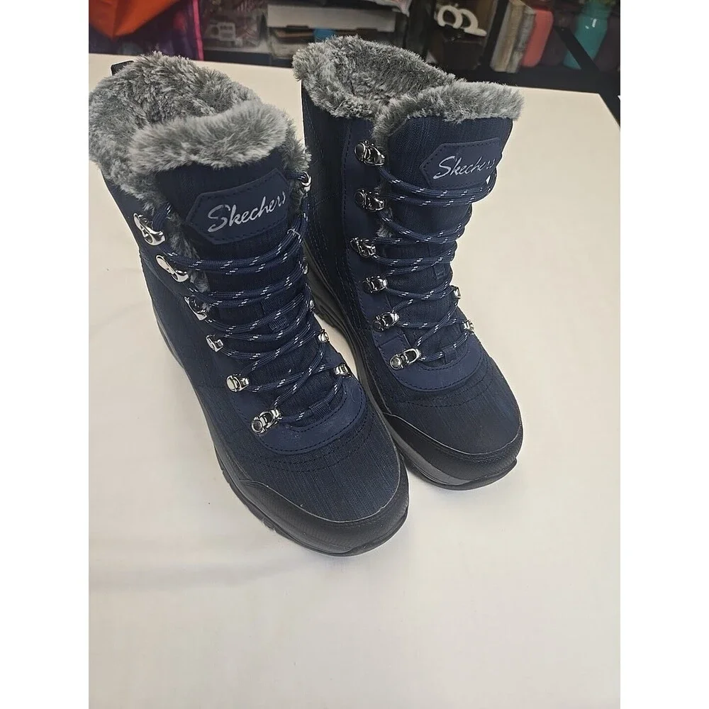 Skechers Women's Boots Size 6.5 Trego Winter Hiking Waterproof‎ Blue Black Fur